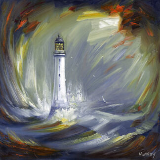 A vibrant painting of a lighthouse with dynamic brush strokes under a tumultuous sky. By Raymond Murray